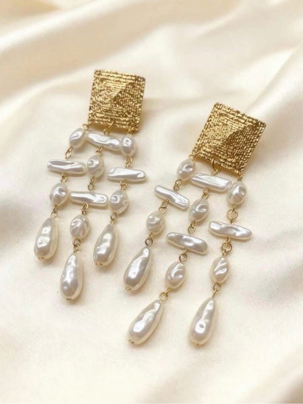 Gold and White Pearl Linear Drop Earrings